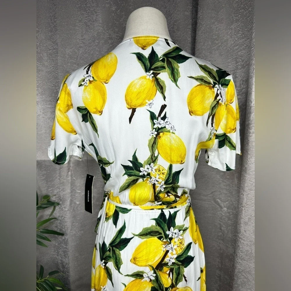 NWT Lulus A La Tart White and Yellow Lemon Print Wrap Dress Sz S - Picture 8 of 12